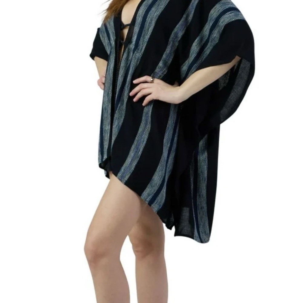 NWT Time and Tru Womens Black/Blue Striped Kimono Cardigan w/ Tassel Tie